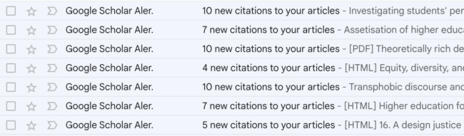 a screenshot of emails from google scholar showing new citations to the author's research
